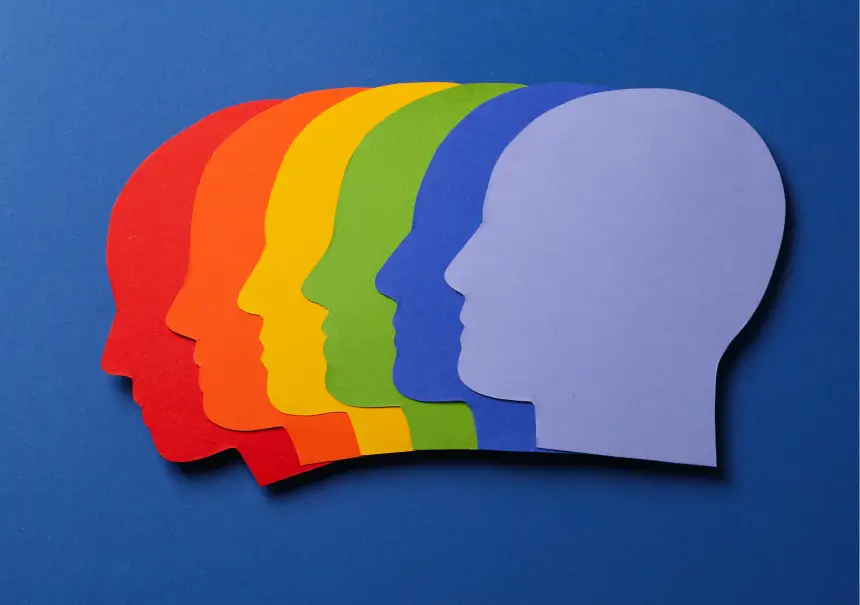 Infographic illustrating progressive profiling: a sequence of overlapping head profiles in rainbow colors on a blue background. It visualizes the step-by-step building of a customer profile and data collection in B2B marketing for personalization without long forms.