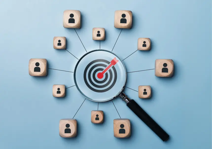 Magnifying glass with bullseye target surrounded by wooden blocks with person icons - illustrating hyper-personalization and precise contact targeting in marketing automation