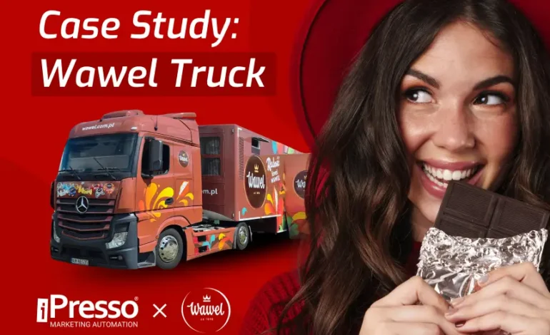 iPresso and Wawel case study – branded Wawel Truck vehicle and a woman eating Wawel chocolate on a red background