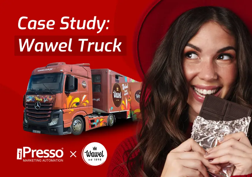 iPresso and Wawel case study – branded Wawel Truck vehicle and a woman eating Wawel chocolate on a red background