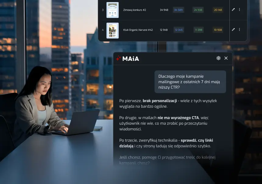 A marketing professional working on a laptop with the MAiA AI assistant interface overlaid, showing a real-time data analysis of email campaign click-through rates (CTR).