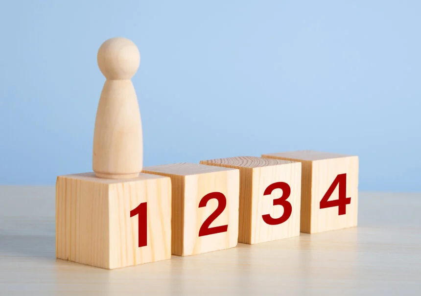 A wooden figure representing a customer standing on a block signifying one point in a lead scoring system.